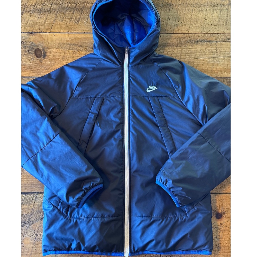 Nike Mens Reversible Hooded Puffer Coat Blue Navy Logo Full Zip Pockets Small